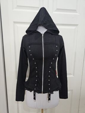 Vintage Y2K Punk Goth Hot Topic Tripp NYC Grommet Zip Black Silver Hoodie Top S